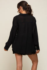 Black Pleated Long Sleeve Short Set