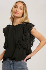 Black Ruffled Eyelet Lace Blouse