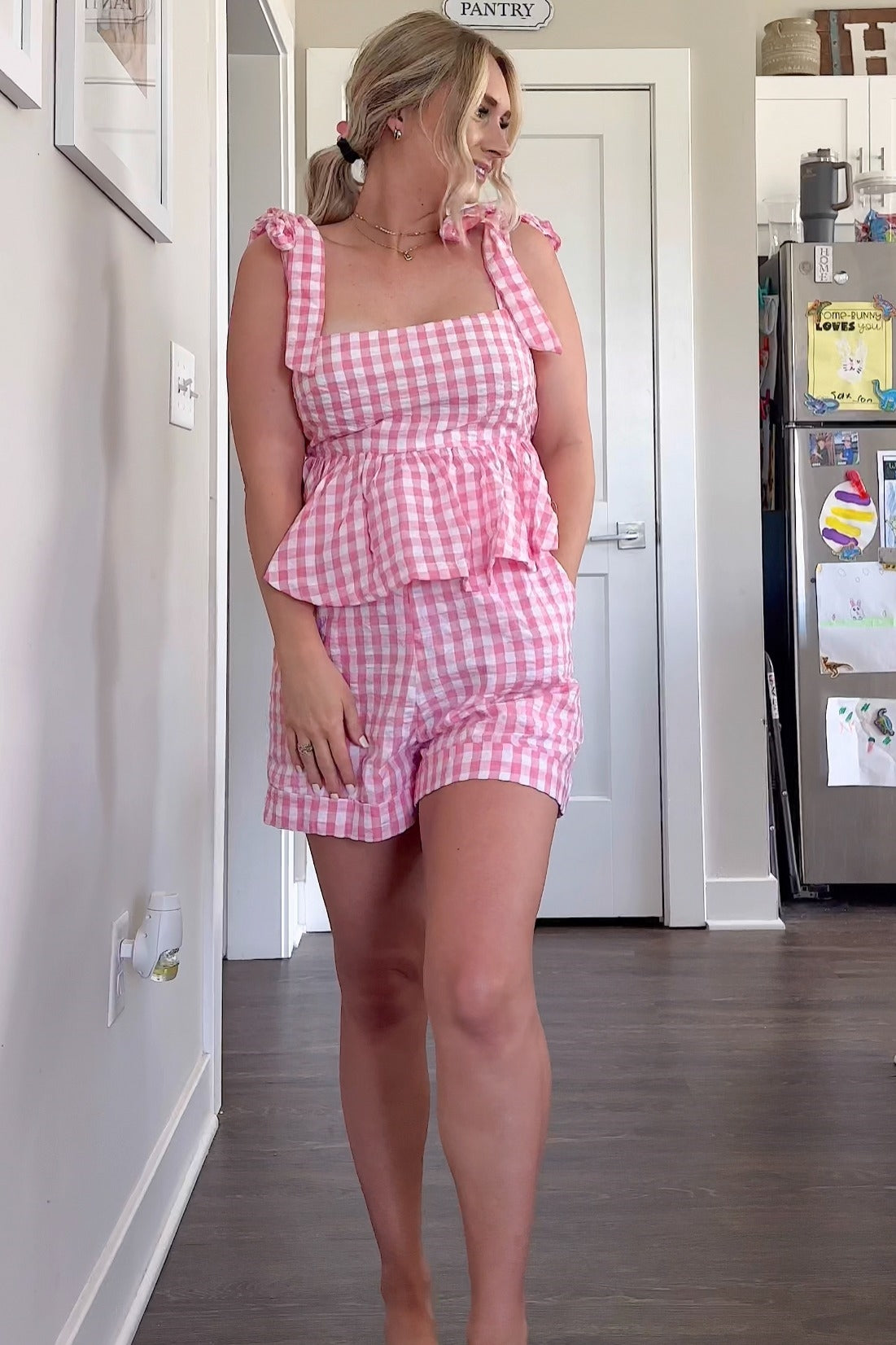 Coral Pink Peplum Top And Shorts Set