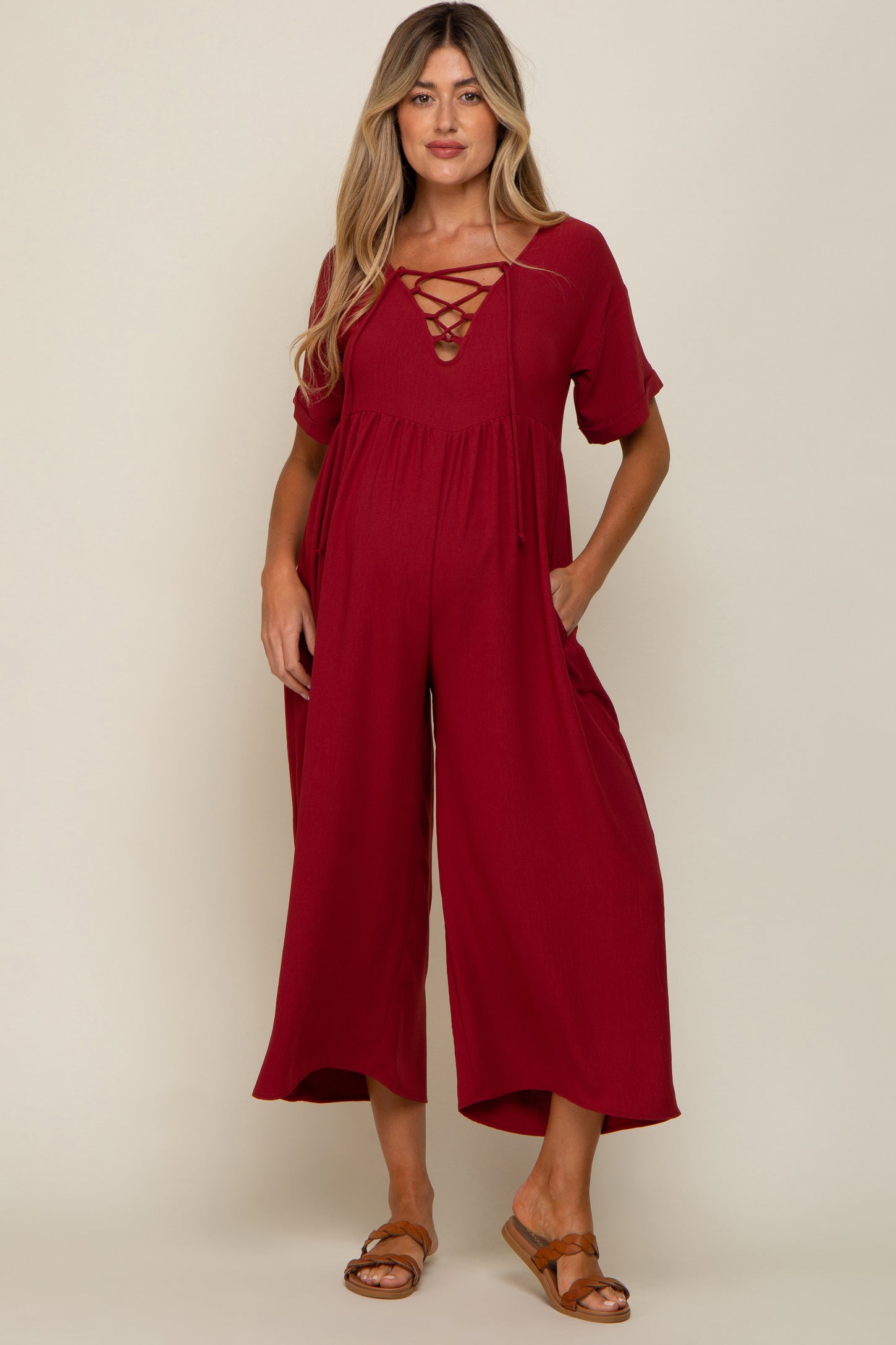 Burgundy Crisscross Wide Leg Maternity Jumpsuit