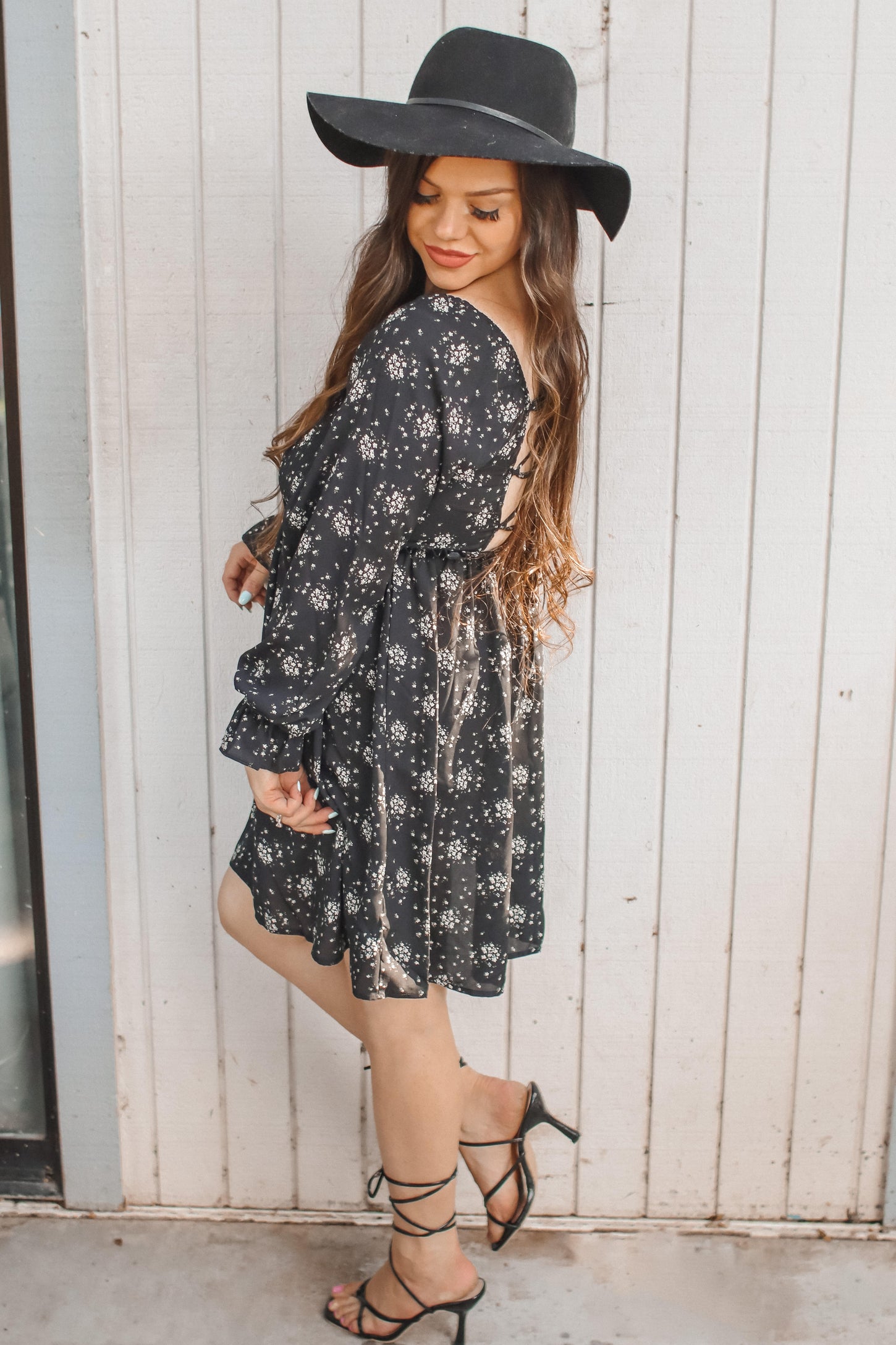 Black Floral Smocked Lace Up Back Dress