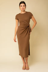 Brown Rib Knit Side Tie Midi Dress