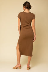 Brown Rib Knit Side Tie Midi Dress