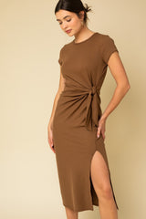 Brown Rib Knit Side Tie Midi Dress