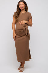 Brown Rib Knit Side Tie Maternity Midi Dress