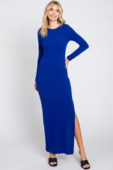 Royal Ribbed Long Sleeve Side Slit Maternity Maxi Dress