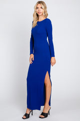 Royal Ribbed Long Sleeve Side Slit Maxi Dress