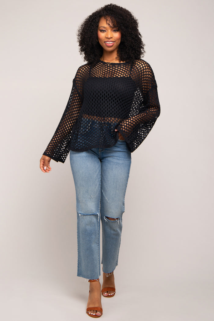 Black Open Knit Bell Sleeve Sweater