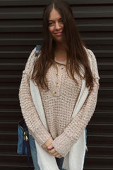 Beige Chunky Knit Button V-Neck Sweater