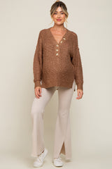 Mocha Chunky Knit Button V-Neck Maternity Sweater