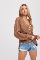 Mocha Chunky Knit Button V-Neck Maternity Sweater