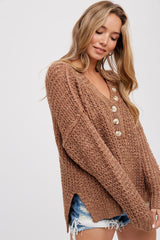 Mocha Chunky Knit Button V-Neck Sweater