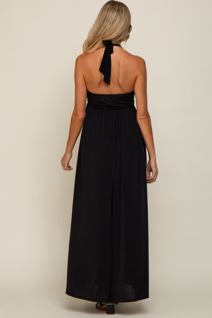 Black Front Knot Halter Maternity Maxi Dress