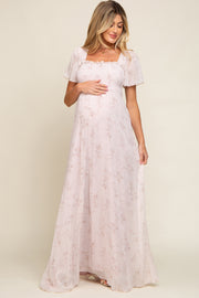 Light Pink Floral Smocked Chiffon Maternity Maxi Dress