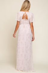 Light Pink Floral Smocked Chiffon Maternity Maxi Dress