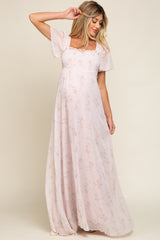 Light Pink Floral Smocked Chiffon Maternity Maxi Dress