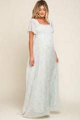 Mint Green Floral Smocked Chiffon Maternity Maxi Dress