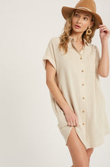 Beige Button Up Shirt Dress With Pocket