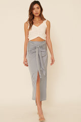 Faded Denim Woven Tie Waist Front Slit Straight Maxi Skirt