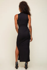 Black Ribbed Mock Neck Side Slit Maxi Dress