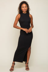 Black Ribbed Mock Neck Side Slit Maxi Dress