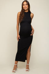 Black Ribbed Mock Neck Side Slit Maternity Maxi Dress