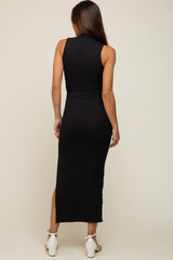 Black Ribbed Mock Neck Side Slit Maternity Maxi Dress