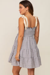 Black Gingham Color Block Shoulder Strap Maternity Dress