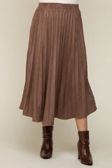 Mocha Suede Pleated Maternity Midi Skirt