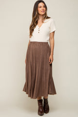 Mocha Suede Pleated Maternity Midi Skirt