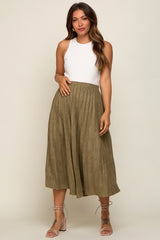 Olive Suede Pleated Maternity Midi Skirt