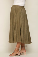 Olive Suede Pleated Maternity Midi Skirt