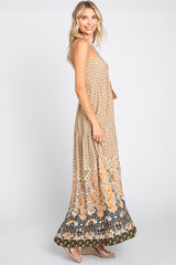 Beige Floral Paisley Halter Maxi Dress