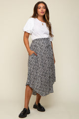 Black Floral Button Accent Maternity Midi Skirt