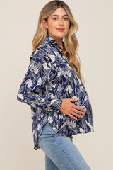 Navy Leaf Print Satin Button Up Maternity Blouse