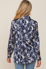 Navy Leaf Print Satin Button Up Maternity Blouse