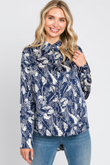 Navy Leaf Print Satin Button Up Maternity Blouse