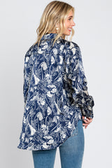 Navy Leaf Print Satin Button Up Blouse