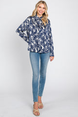 Navy Leaf Print Satin Button Up Blouse