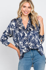 Navy Leaf Print Satin Button Up Blouse