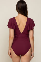 Plum Deep V-Neck Flounce Maternity One Piece Swimsuit