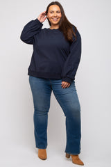 Navy Embroidered Long Sleeve Plus Top