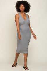 Heather Grey Ribbed Knit Fitted V-Neck Maternity Midi Dress