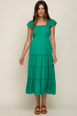 Green Satin Square Ruffle Neck Smocked Sleeveless Maternity Midi Dress