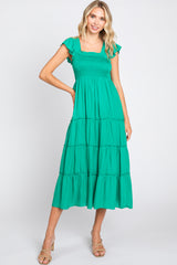 Green Satin Square Ruffle Neck Smocked Sleeveless Maternity Midi Dress