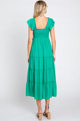 Green Satin Square Ruffle Neck Smocked Sleeveless Midi Dress