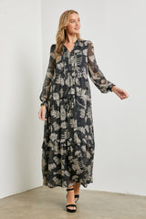 Black Floral Front Button Tiered Maternity Maxi Dress