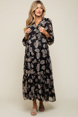 Black Floral Front Button Tiered Maternity Maxi Dress