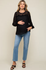 Black Semi Sheer Burnout Maternity Blouse Top