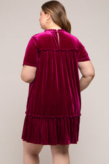 Burgundy Ruffle Accent Velvet Maternity Plus Dress